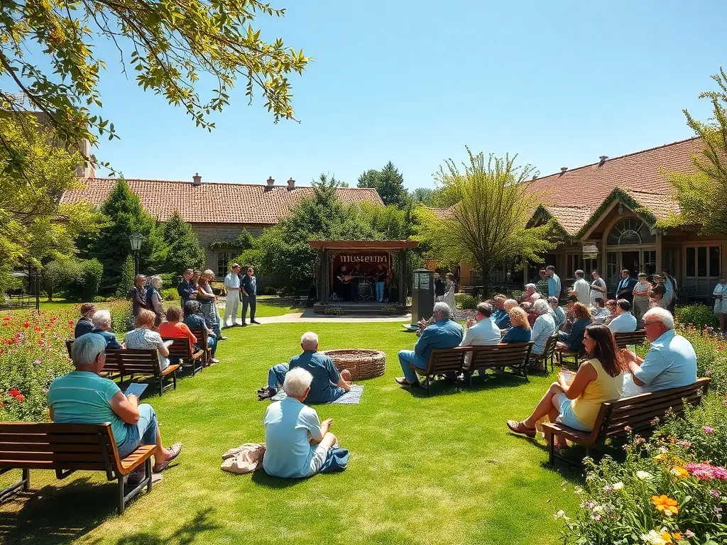 An outdoor photograph of the museum’s garden during a community gathering, with people enjoying live music, refreshments, and local artists displaying their work.