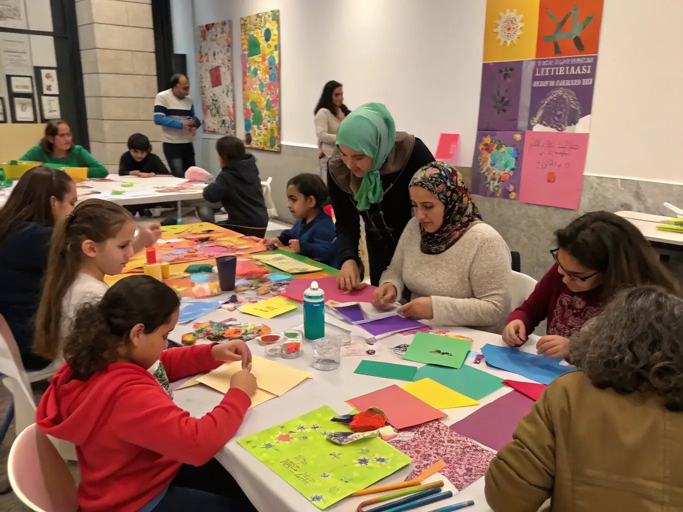 A group of children and adults participating in an interactive art workshop at the museum, with tables covered in art supplies, participants drawing and painting, and an instructor guiding the creative process.