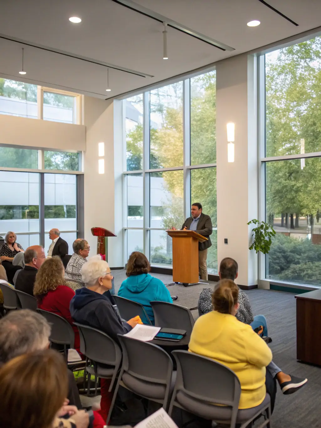 A candid photo of community members attending a cultural lecture, with a speaker presenting slides about Gorsline’s influence on modern art, and attentive audience members taking notes.