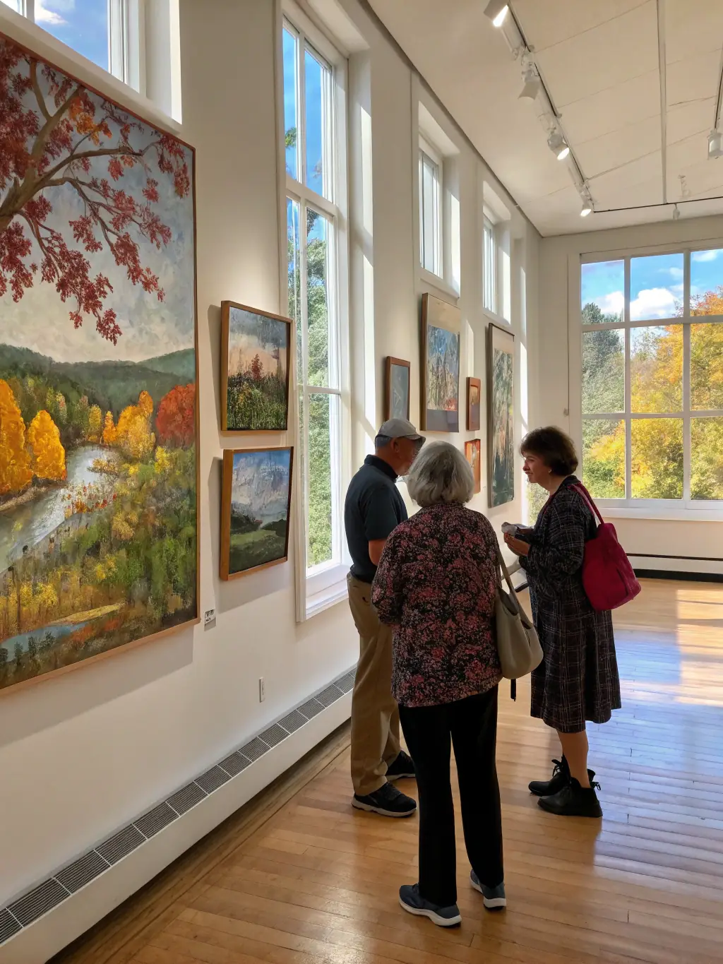 A vibrant photograph of visitors engaging with a Douglas Gorsline painting during a guided tour at the Gorsline Museum, with a knowledgeable guide explaining the artwork in a warmly lit gallery.
