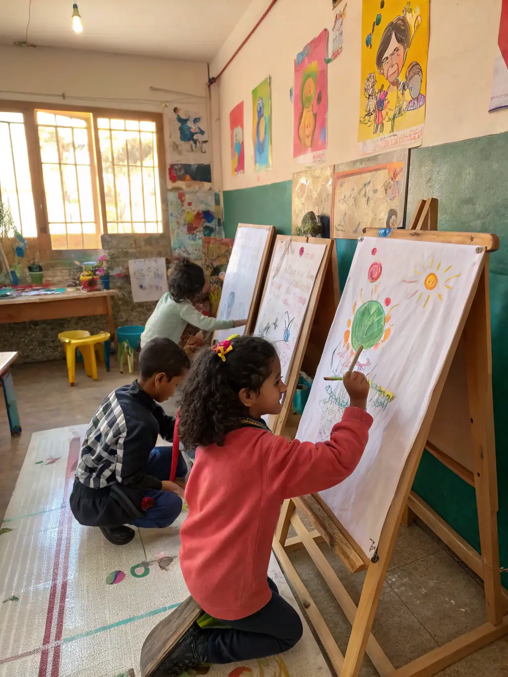 A detailed image of a hands-on art workshop in progress, with children and adults painting at easels, surrounded by colorful art supplies and inspirational Gorsline reproductions on the walls.