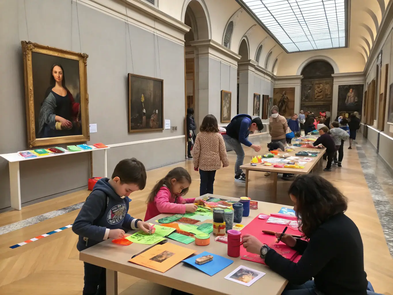 A lively scene of families and children participating in an art workshop at the museum, with tables of art supplies and a facilitator guiding creative activities.