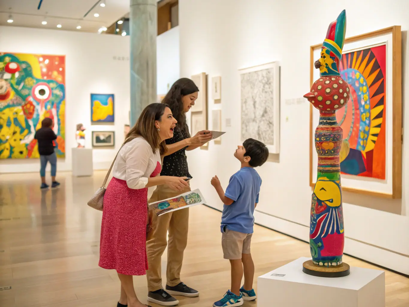 A lively scene of families and art enthusiasts attending a special exhibition opening at the Gorsline Museum, with colorful paintings by Douglas Gorsline displayed on the walls and a museum guide explaining the artworks.