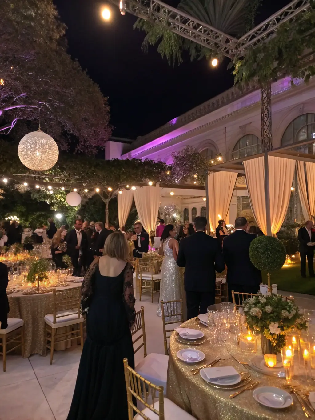 A lively scene from a seasonal exhibition opening, featuring guests mingling, live classical music, and a display of Gorsline’s original paintings in an elegantly decorated museum hall.