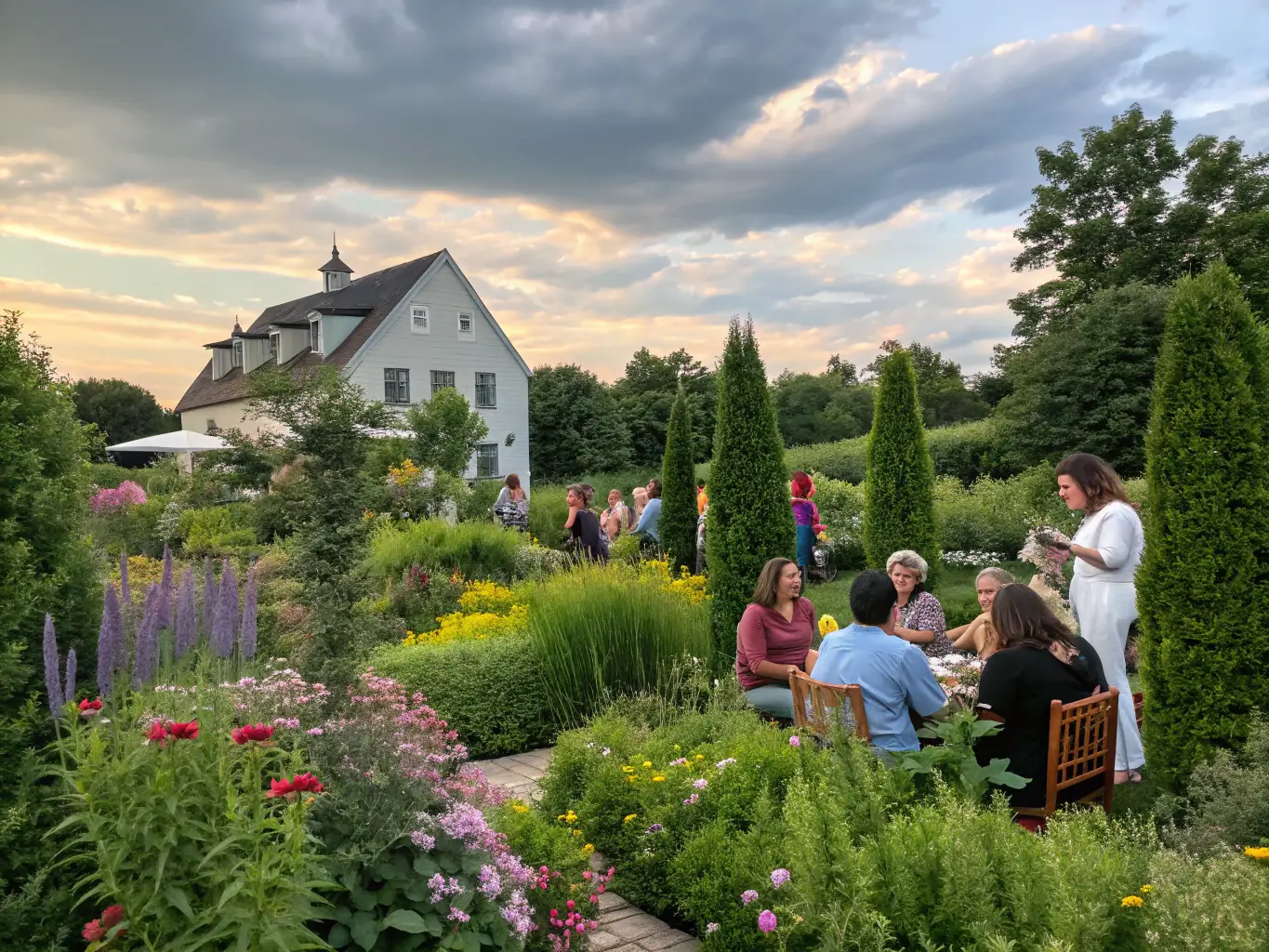 A community gathering in the museum’s garden, with local residents, artists, and volunteers engaging in outdoor activities, live painting demonstrations, and friendly conversations under festive banners.